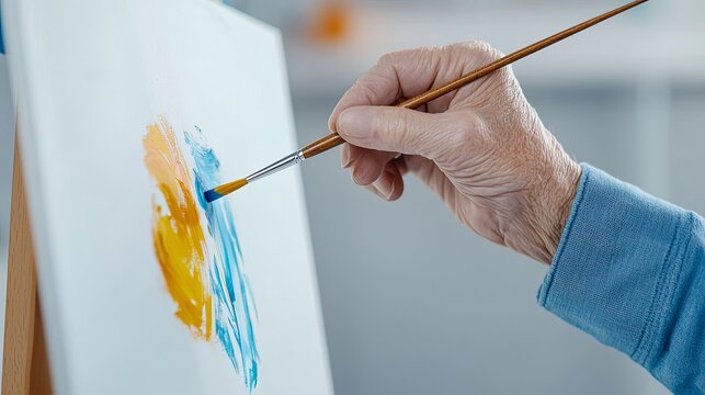 Close-up Seniors participating in an art class, painting and creating crafts at a community center, celebrating International Day of Older Persons, fostering creativity and joy, copy space for text,