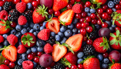 Obraz premium Different ripe fruits and berries as background, top view