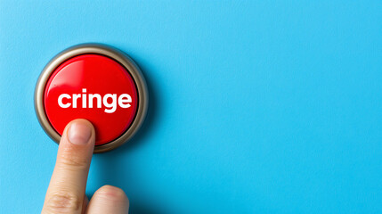 A hand pushes a red button marked cringe, set against a soft blue background, suggesting a humorous or lighthearted moment