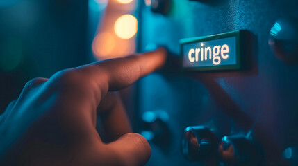 A hand reaches for a button that reads cringe, illuminated by soft, colorful lights, creating an atmosphere of playful humor and lightheartedness