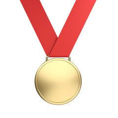 Gold medal. Isolated. Red ribbon. 3d illustration.