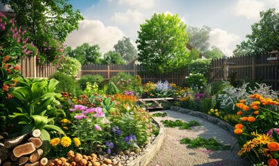 Family garden with blooming flowers and a vegetable patch