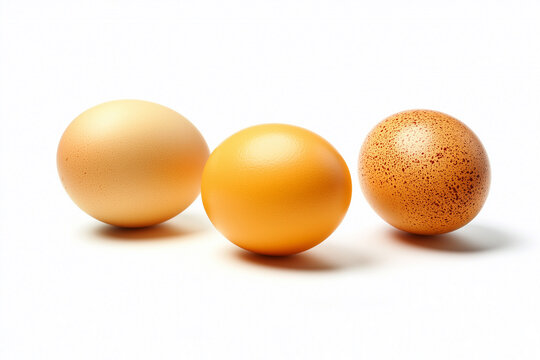 Three eggs are shown in a row, with the middle egg being the largest. The eggs are all orange and appear to be fresh. Concept of simplicity and natural beauty, as the eggs are the main focus