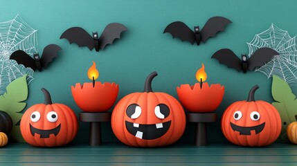 Embrace the halloween vibe with this 3d scene featuring carved pumpkins, candles, and bats. Ideal for all your spooky projects, and offering ample room for text