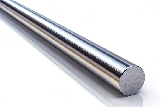 Shiny steel metal rod stands isolated on a white background, its reflective surface catching light, highlighting its industrial texture and modern aesthetic appeal.