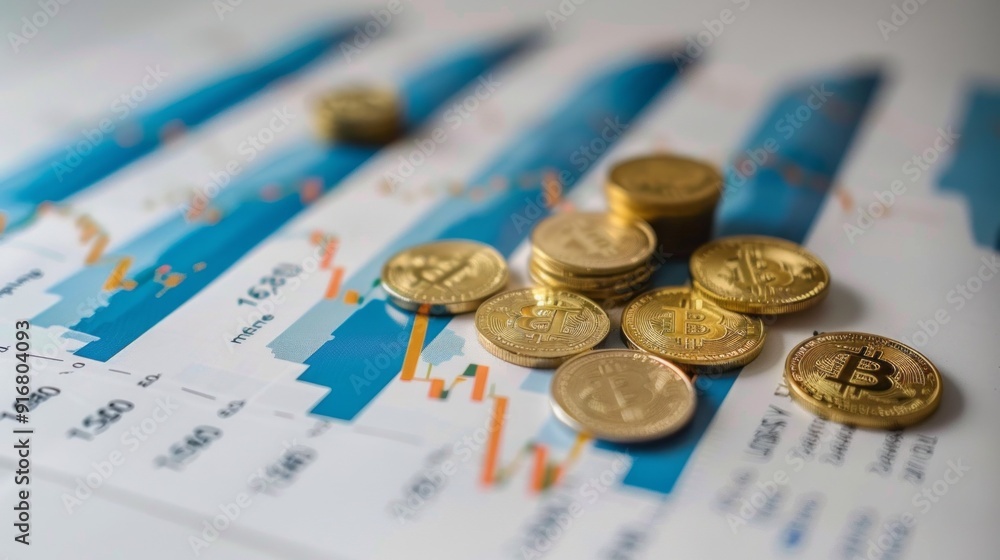 Poster a pile of gold coins sits on top of a graph with a downward trend