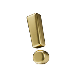 Exclamation mark icon. Punctuation mark isolated on a transparent background. 3D render of an icon in golden with a matte texture.