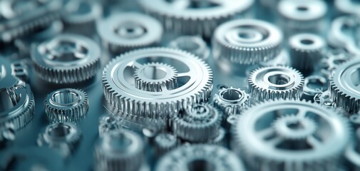 Obraz premium Close-up of numerous metallic gears and cogwheels interlocked, symbolizing teamwork, mechanism, and industrial precision.