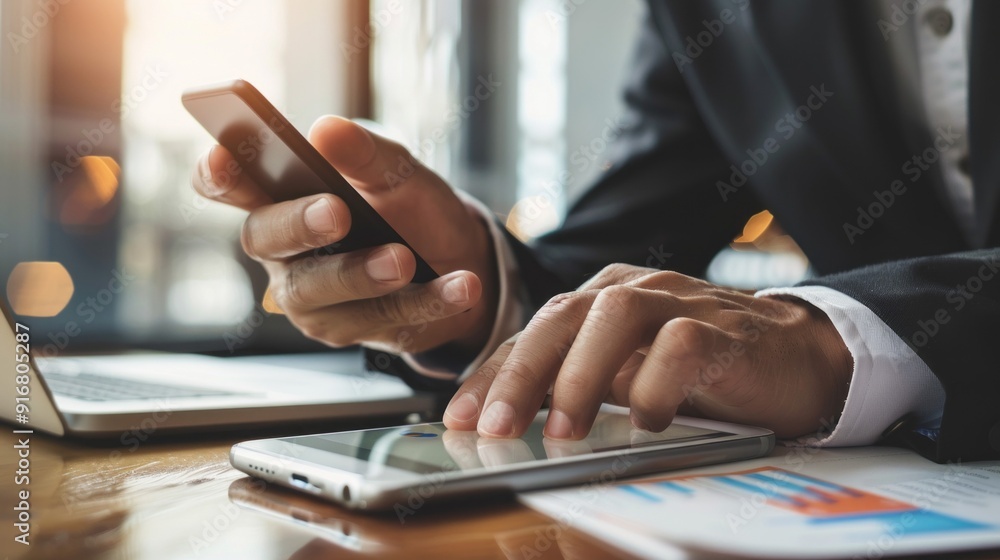 Poster A man is using a cell phone while sitting at a desk with a laptop