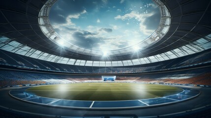 Wide angle shot of football or soccer stadium at night. Neural network ai generated art