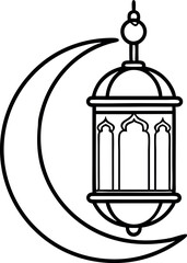 Islamic Lantern Hanging on Crescent Moon Outline Drawing