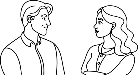 Black And White Line Drawing Of Smiling Man And Woman