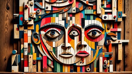 Abstract Wooden Faces Sculpture