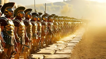 A group of soldiers in full battle gear march in formation. The soldiers are wearing helmets and shields, and some of them are holding swords. The scene is intense and dramatic