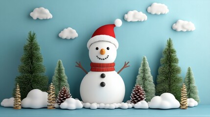 Obraz premium Adorable snowman wearing a festive red scarf and santa hat stands in a snowy forest, creating a magical and joyful winter scene for holiday festivities
