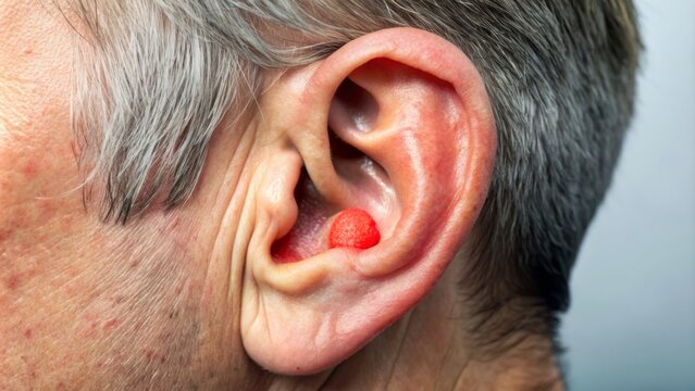 Inflamed and swollen ear canal with redness and discharge, highlighting symptoms of mastoiditis, a bacterial infection of the mastoid bone behind the ear.