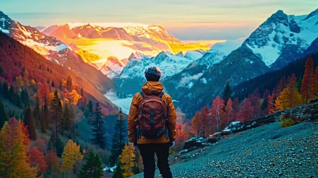 A man wearing a yellow jacket and backpack stands on a mountain top. The sky is orange and the mountains are covered in snow. The man is enjoying the view and taking in the beauty of the landscape