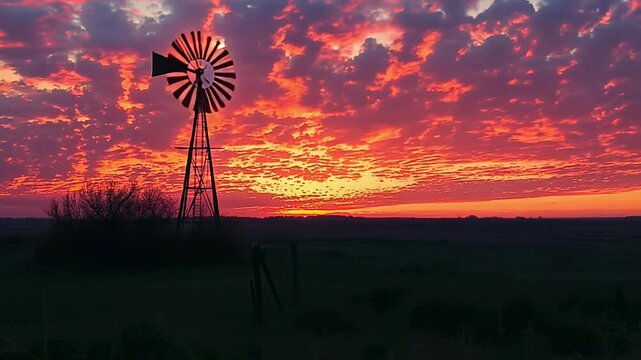 A windmill is in the foreground of a field with a beautiful sunset in the background. The sky is filled with clouds and the sun is setting, creating a serene and peaceful atmosphere