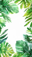 Naklejka premium Aesthetic watercolor frame with green tropical leaves, copy space, light background, foliage template. Generative AI