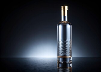 Naklejka premium Luxurious clear glass bottle of premium French vodka standing upright on a dark background, highlighting its elegant label design.