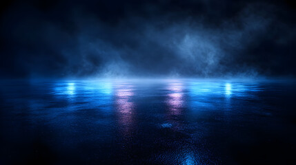 Dark street, wet asphalt, reflections of rays in the water. Abstract dark blue background, smoke, smog. Empty dark scene, neon light, spotlights. Concrete floor