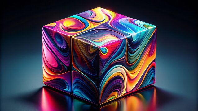 Vibrant 3D cube composed of swirling abstract shapes and colors, giving a sense of dynamic movement and futuristic technology, against a stark black background.