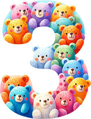 Colorful number three formed by a variety of vibrant teddy bears, perfect for children's decor and educational materials.