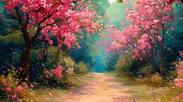 A painting of a path through a forest with pink trees and a blue sky. The mood of the painting is peaceful and serene