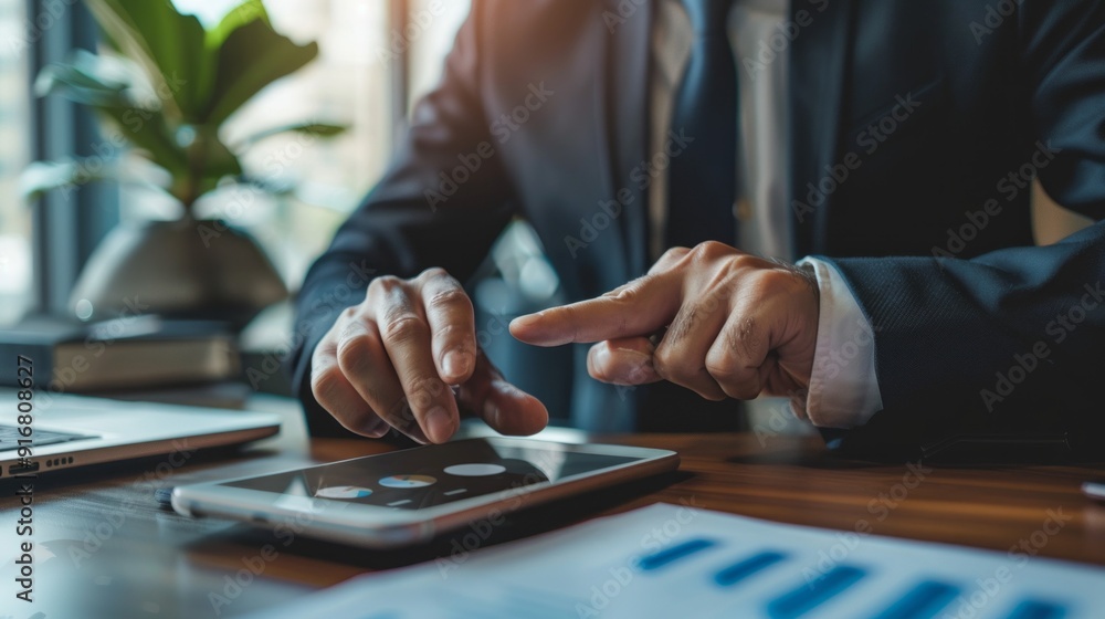 Poster a man in a suit is pointing at a tablet on a desk