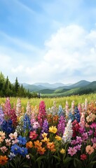 Obraz premium Vibrant floral landscape under a bright sky, showcasing a rainbow of flowers against lush green mountains in the background.