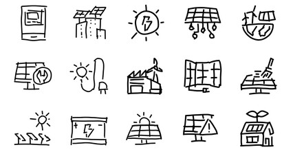 Fototapeta premium Out line icons related to solar energy. Liner icon electronic medical etc icon white background