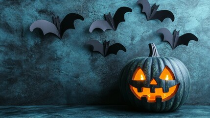 Fototapeta premium Spooky halloween atmosphere with carved pumpkin, glowing eyes, and paper bats on a dark blue surface