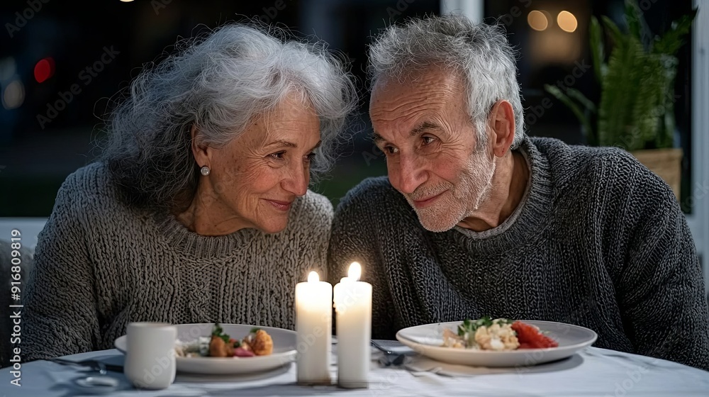 Wall mural elderly couple enjoying a romantic dinner at home on international day of older persons, with a beau