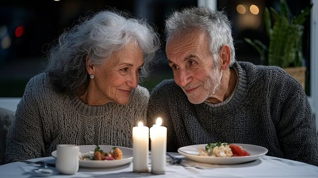 Elderly couple enjoying a romantic dinner at home on International Day of Older Persons, with a beautifully set table and candlelight, reflecting love and happiness in their later years, copy space