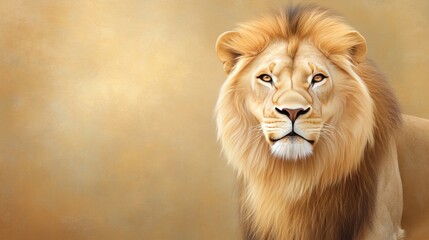 Fototapeta premium The lion stands proudly, showcasing its regal mane and penetrating eyes as the last light of day casts a warm glow across the savannah