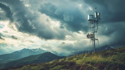 Weather station equipment against a stormy sky in a remote mountainous area. Global warming problem