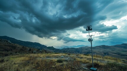 Obraz premium Weather station equipment against a stormy sky in a remote mountainous area.&nbsp;Global warming problem
