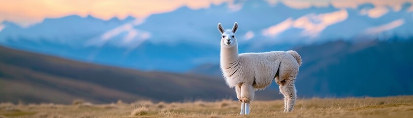 Fototapeta premium Llama with fluffy fur, detailed pelage, photorealistic, Andes mountain background, natural tones, sharp focus