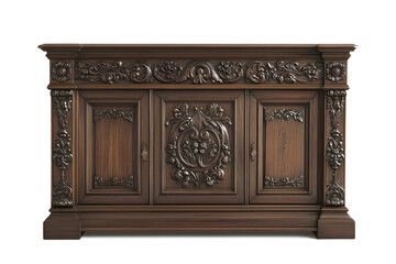 Fototapeta premium Vintage wooden sideboard with drawers and cabinets isolated on white