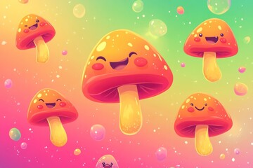 Happy Smiling Mushrooms Floating in a Colorful Dreamlike World.