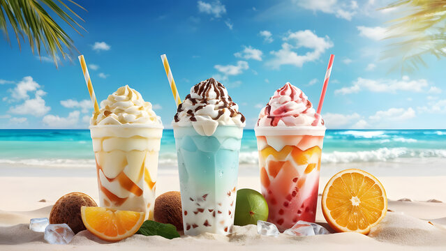 Ice-cold frappes on summer beach background, background illustration, background screen, poster, banner design, ai generative	