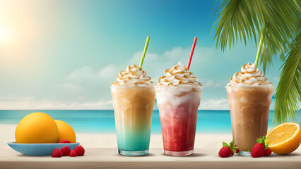 Fototapeta premium Ice-cold frappes on summer beach background, background illustration, background screen, poster, banner design, ai generative 