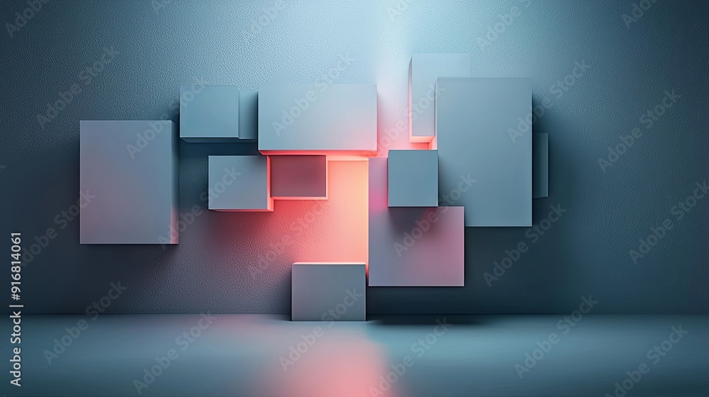 Poster 1. abstract geometric shapes floating in an ethereal mist, glowing with soft light, futuristic and s