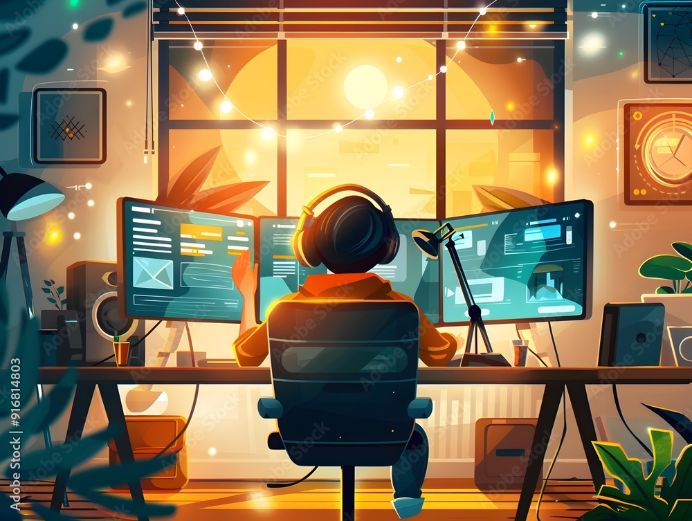Aufkleber man working at home with a laptop and three monitors.