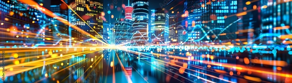 Aufkleber abstract cityscape with light trails and data visualization.