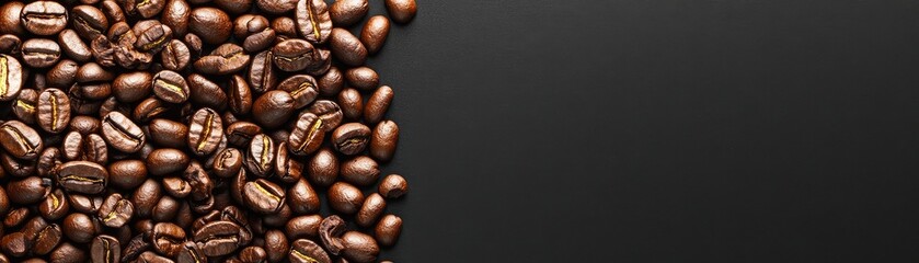 Fototapeta premium roasted coffee beans against a black background, perfect for coffee lovers and culinary designs.