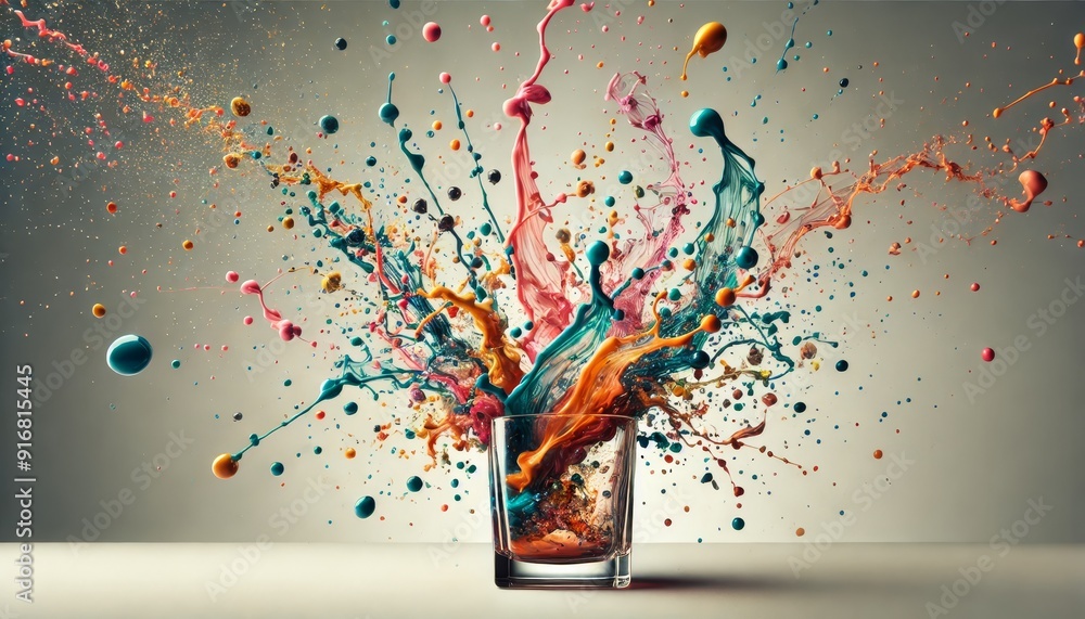 Aufkleber dynamic 3d splash of colorful paint bursting out of a glass, creating a vibrant and energetic explos