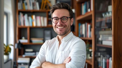 Fototapeta premium A man with glasses is smiling and standing in front of a bookshelf