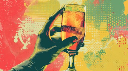 A hand holding a celebration drink. modern halftone collage design element
