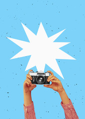 Young girl taking retro photos. Vintage party or tourism poster. Contemporary flat design art...